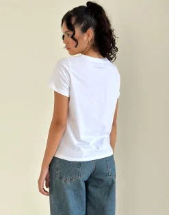 Motel Rocks Basic Tops | Printed Tops-Saki White Tee in Kitty Print KittyPrint