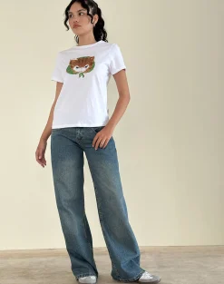 Motel Rocks Basic Tops | Printed Tops-Saki White Tee in Kitty Print KittyPrint
