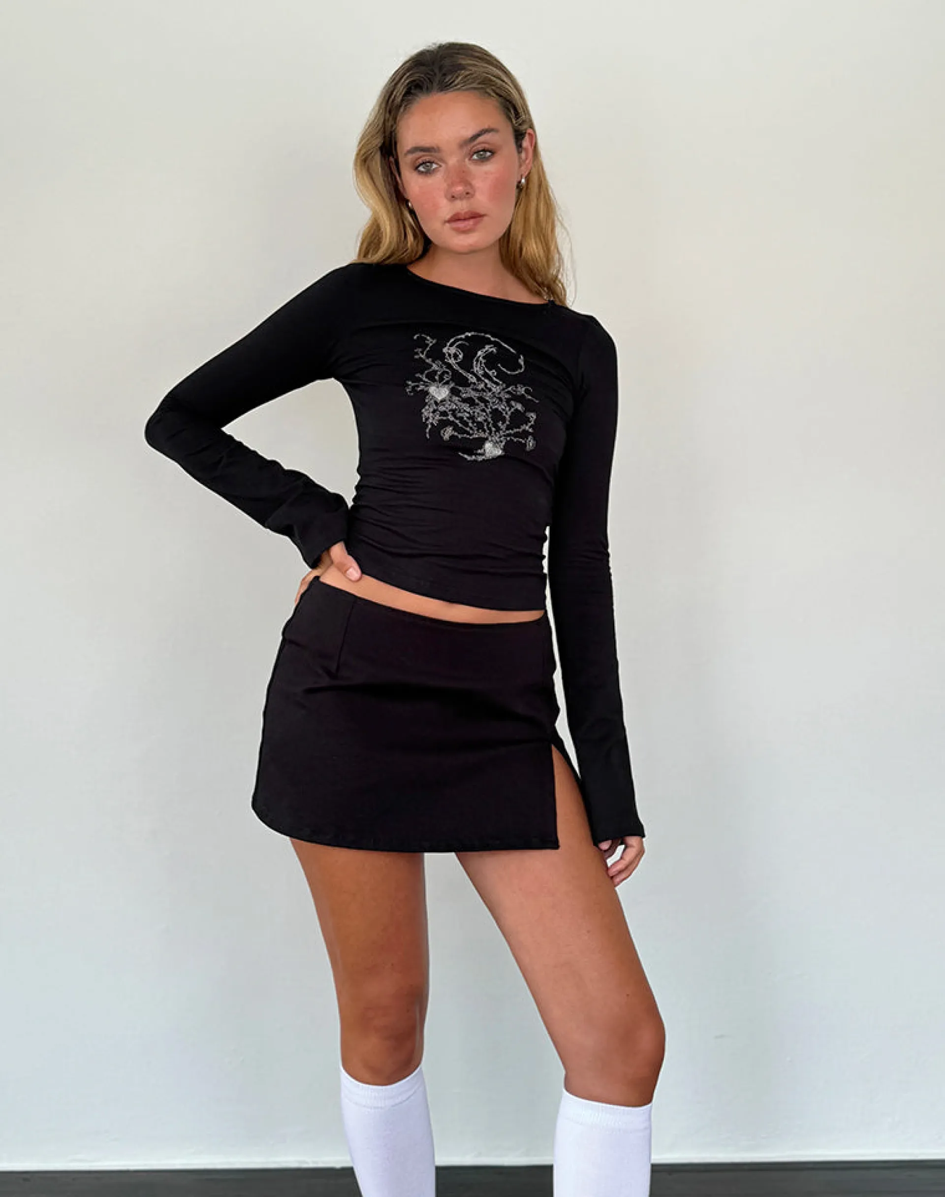 Motel Rocks Long Sleeve Tops-Salaka Long Sleeve Top in Black Script Heart Graphic