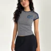 Motel Rocks Basic Tops | Printed Tops-Salda Sporty Tee in Grey Micro Spot with Navy Binding GreyMicroSpotwithNavyBinding