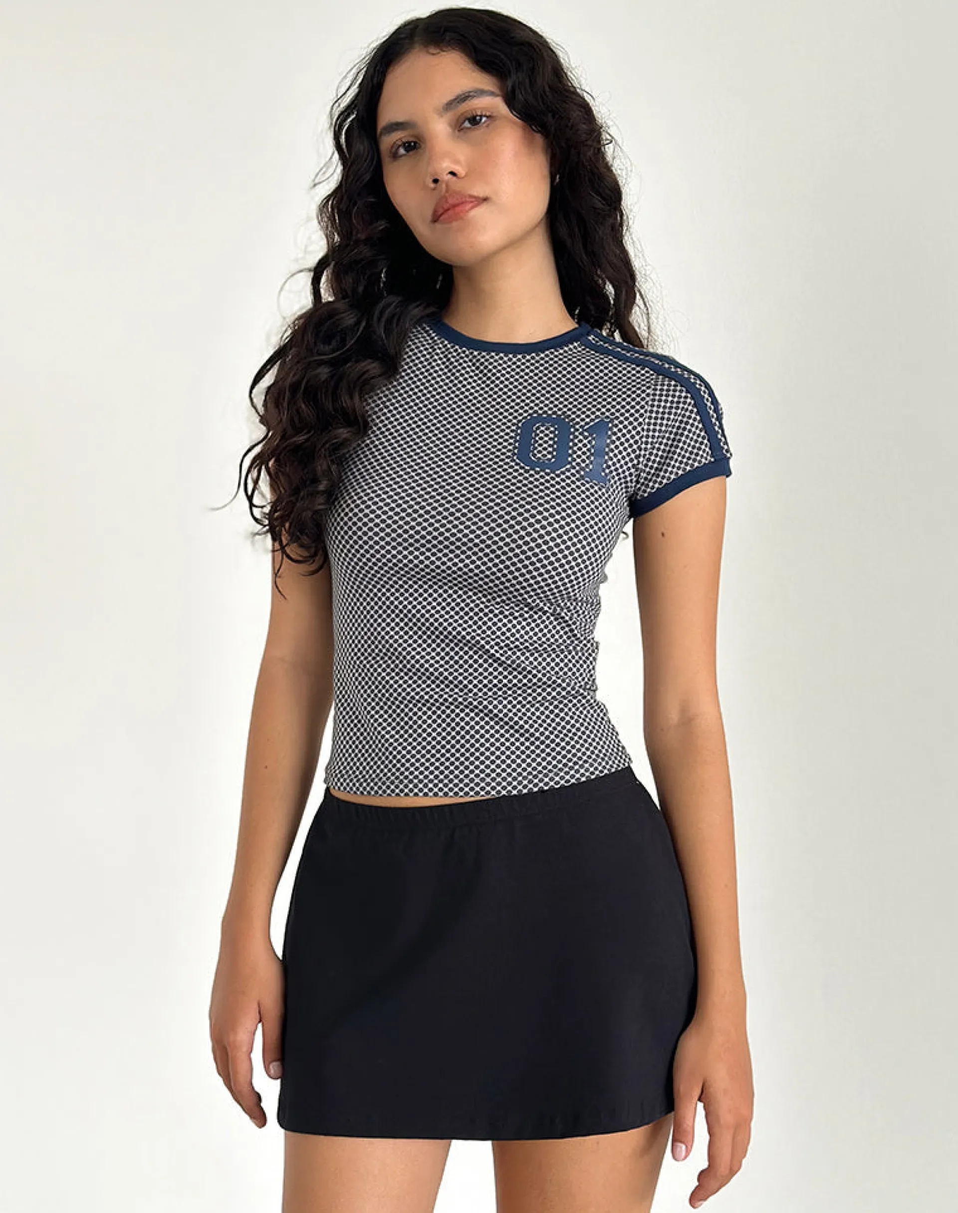 Motel Rocks Basic Tops | Printed Tops-Salda Sporty Tee in Grey Micro Spot with Navy Binding GreyMicroSpotwithNavyBinding