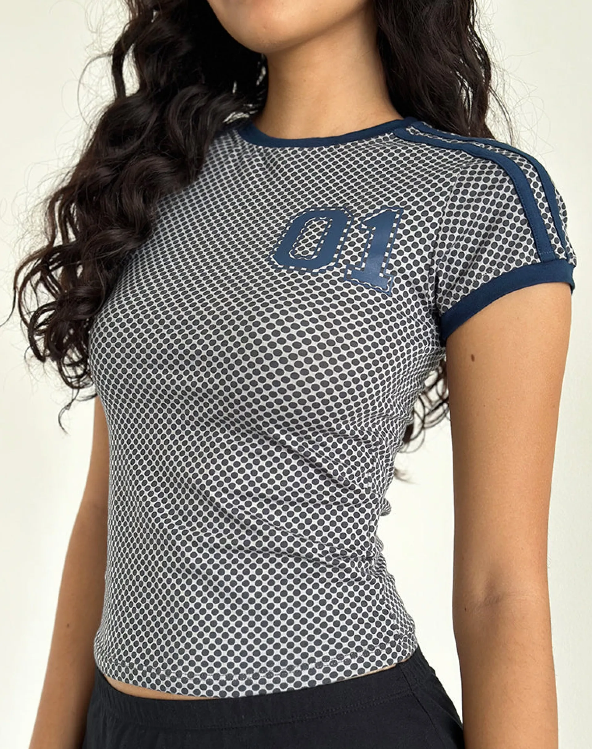 Motel Rocks Basic Tops | Printed Tops-Salda Sporty Tee in Grey Micro Spot with Navy Binding GreyMicroSpotwithNavyBinding