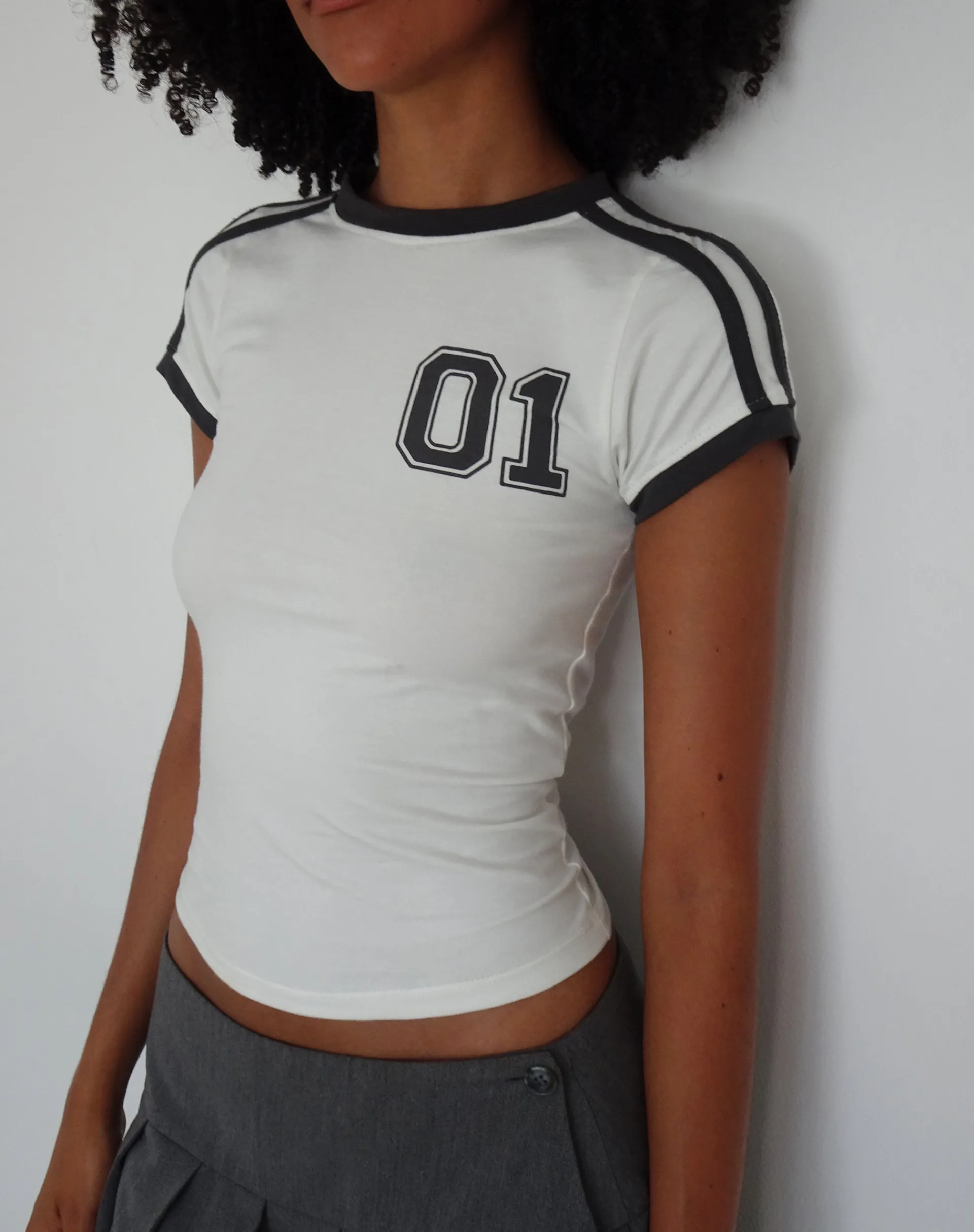 Motel Rocks Printed Tops-Salda Sporty Tee in Off White with Contrast Binding OffWhitewithContrastBinding