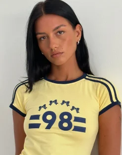Motel Rocks Printed Tops | Tees-Salda Tee in Lemonade with Navy Binding and '98' Emb LemonadewithNavyBindingBindingand'98'Emb