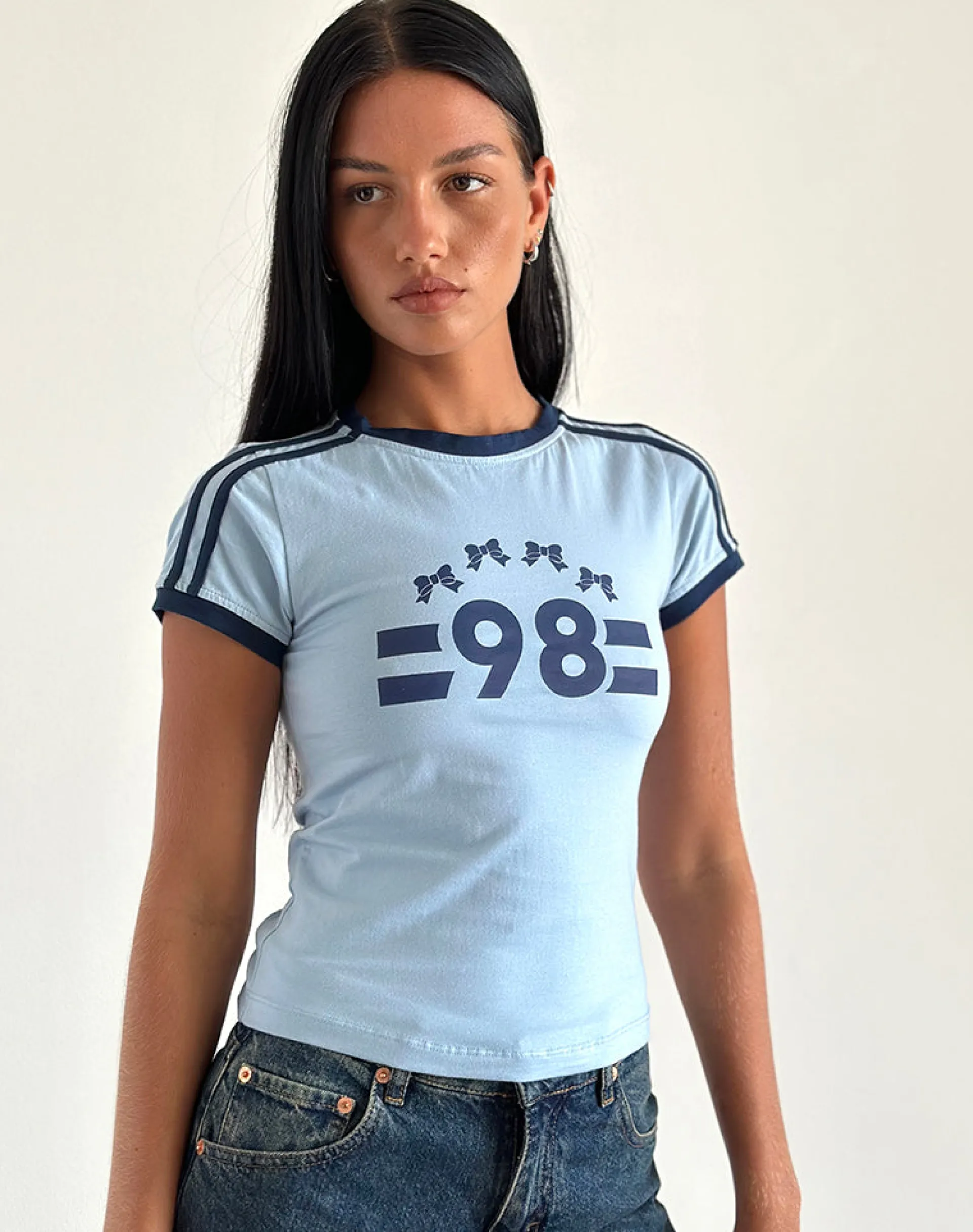 Motel Rocks Printed Tops | Tees-Salda Tee in Nantucket Blue with Navy Binding and '98' Emb NantucketBluewithNavyBindingand'98'Emb