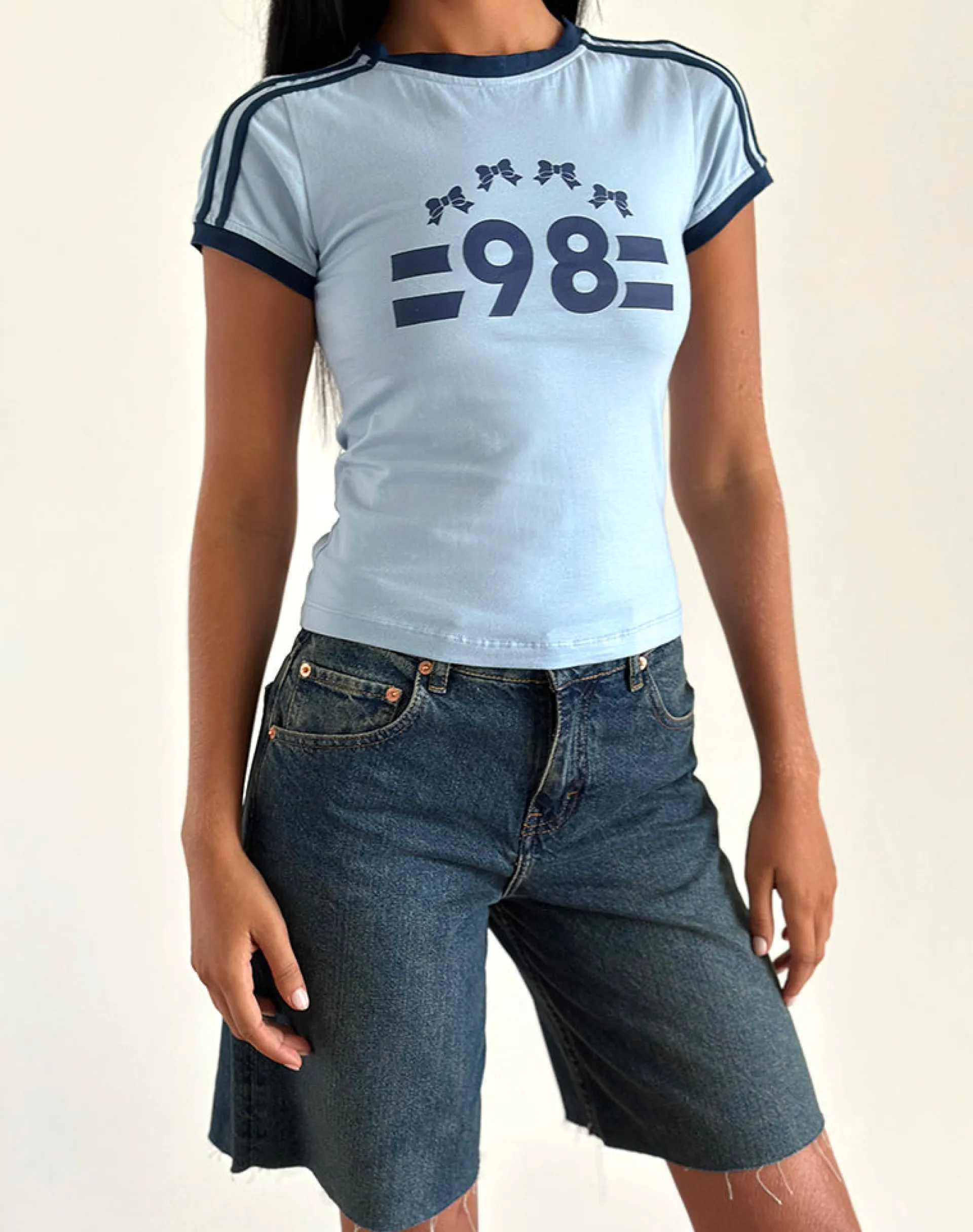 Motel Rocks Printed Tops | Tees-Salda Tee in Nantucket Blue with Navy Binding and '98' Emb NantucketBluewithNavyBindingand'98'Emb