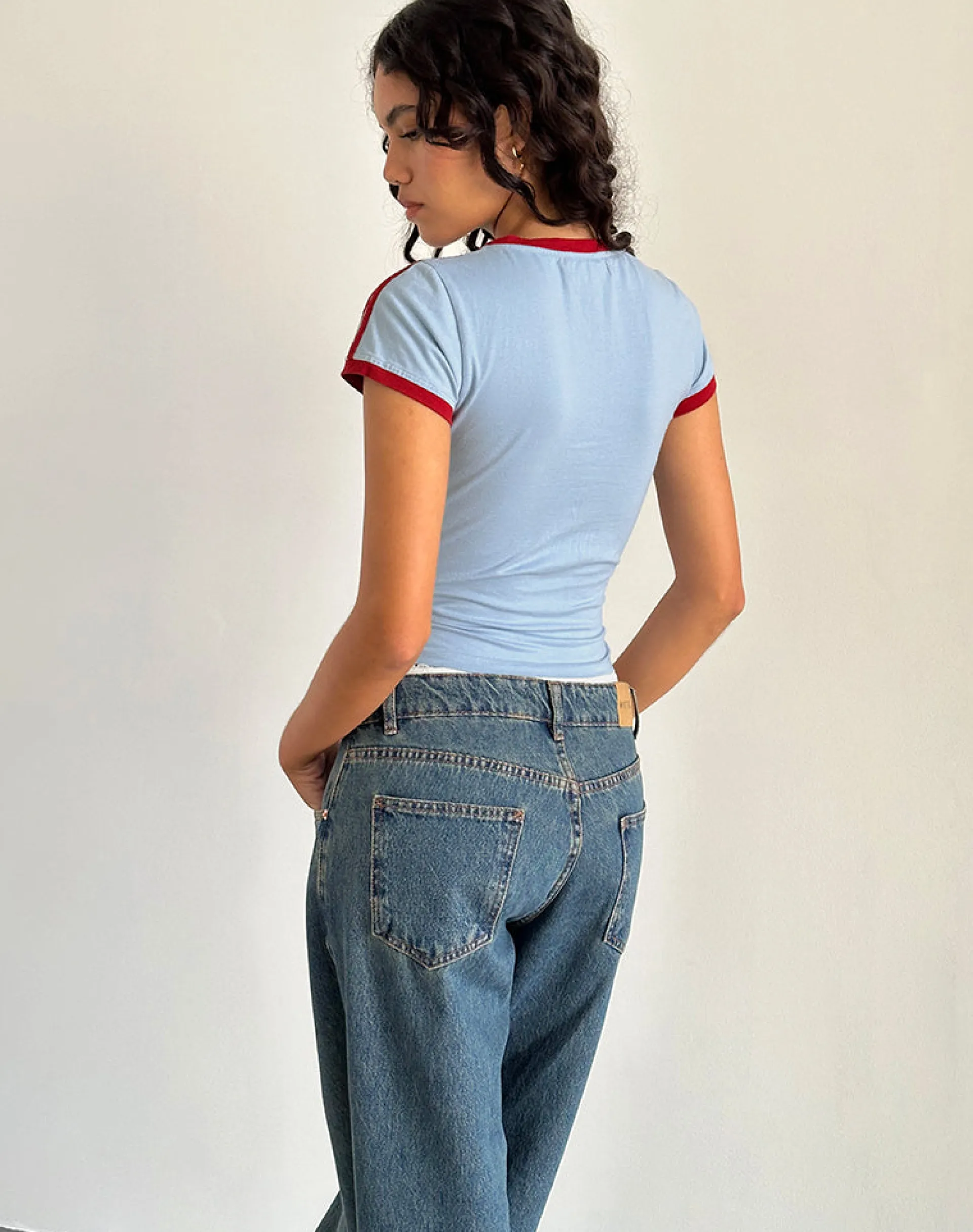 Motel Rocks Basic Tops | Printed Tops-Salda Tee in Nantucket Blue with Adrenaline Red Binding nantucketbluewithadrenalineredbinding