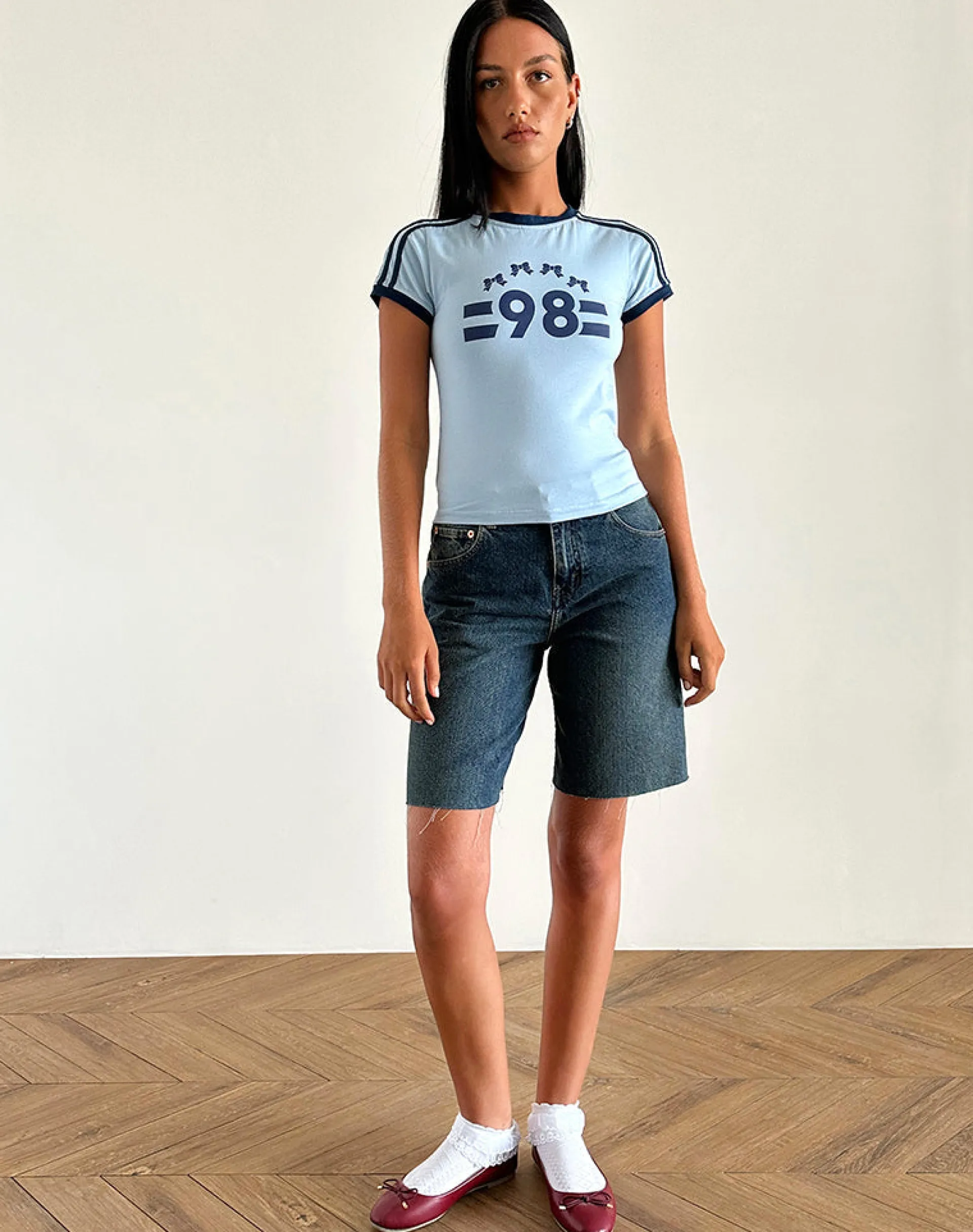 Motel Rocks Printed Tops | Tees-Salda Tee in Nantucket Blue with Navy Binding and '98' Emb NantucketBluewithNavyBindingand'98'Emb