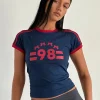 Motel Rocks Printed Tops | Tees-Salda Tee in Navy with Adrenaline Red Binding and '98' Emb NavywithAdrenalineRedBindingand'98'Emb