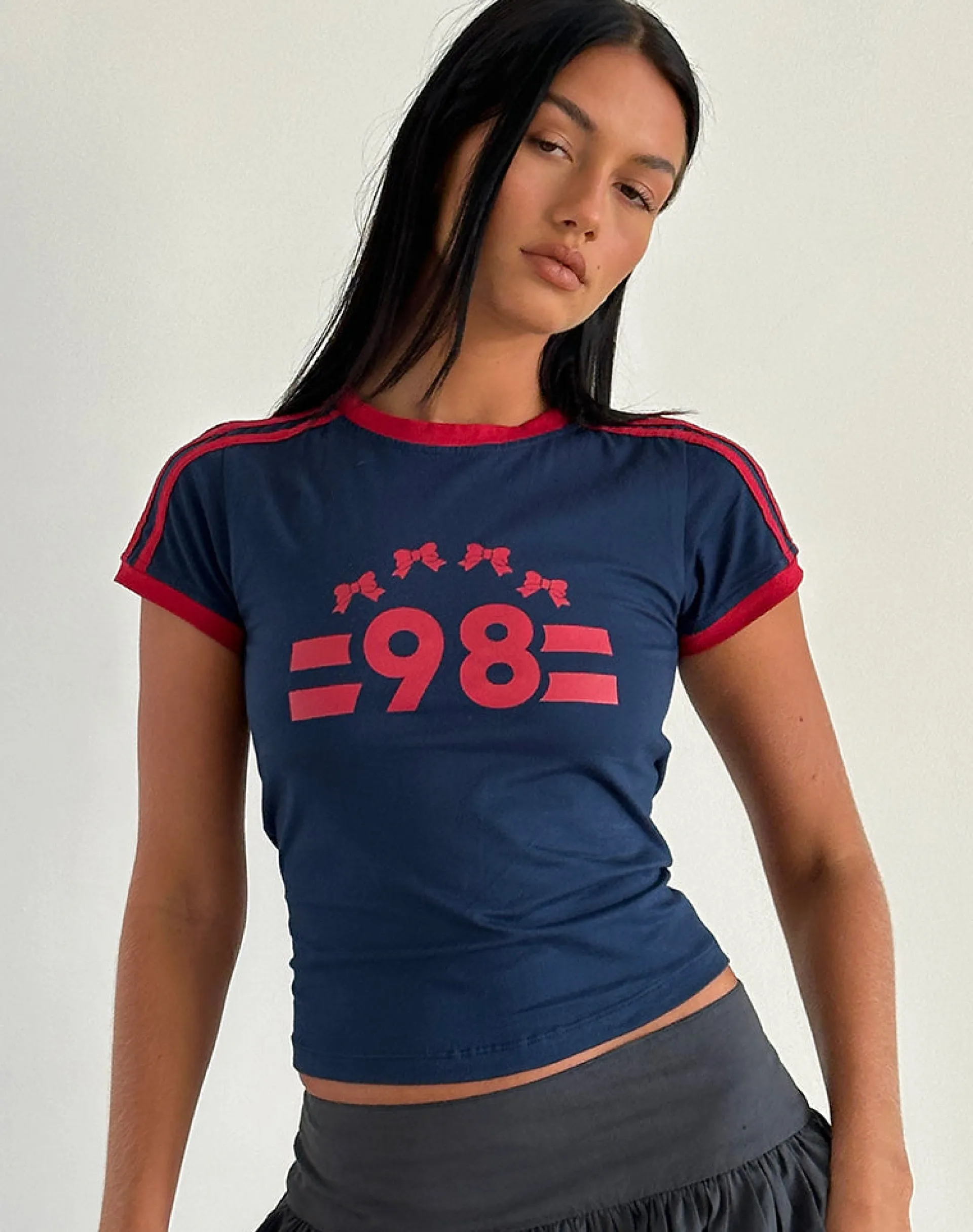 Motel Rocks Printed Tops | Tees-Salda Tee in Navy with Adrenaline Red Binding and '98' Emb NavywithAdrenalineRedBindingand'98'Emb