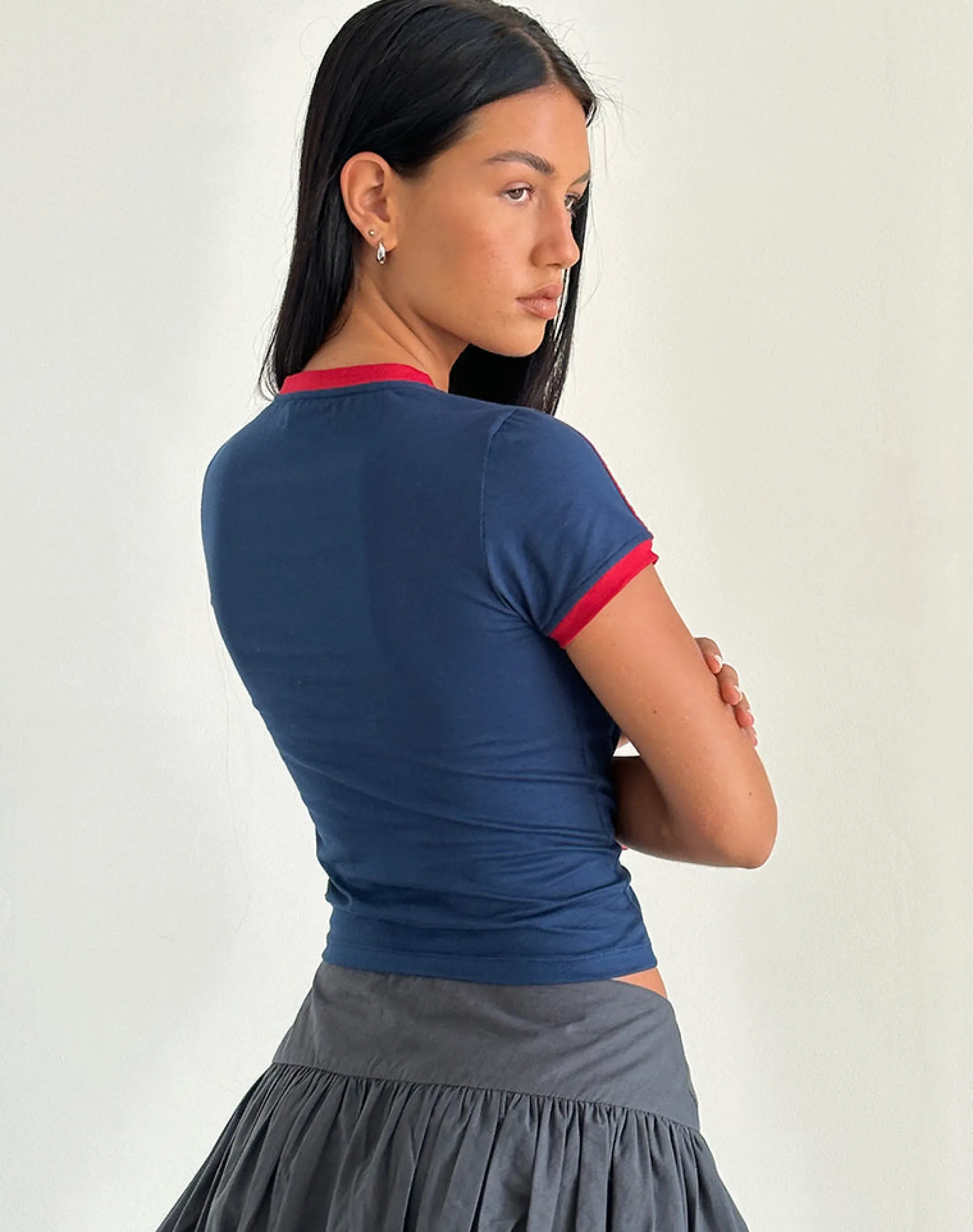 Motel Rocks Printed Tops | Tees-Salda Tee in Navy with Adrenaline Red Binding and '98' Emb NavywithAdrenalineRedBindingand'98'Emb