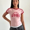 Motel Rocks Tees-Salda Tee in Pink Lady with Adrenaline Red Binding and '98' Emb PinkLadywithAdrenalineRedBindingand'98'Emb