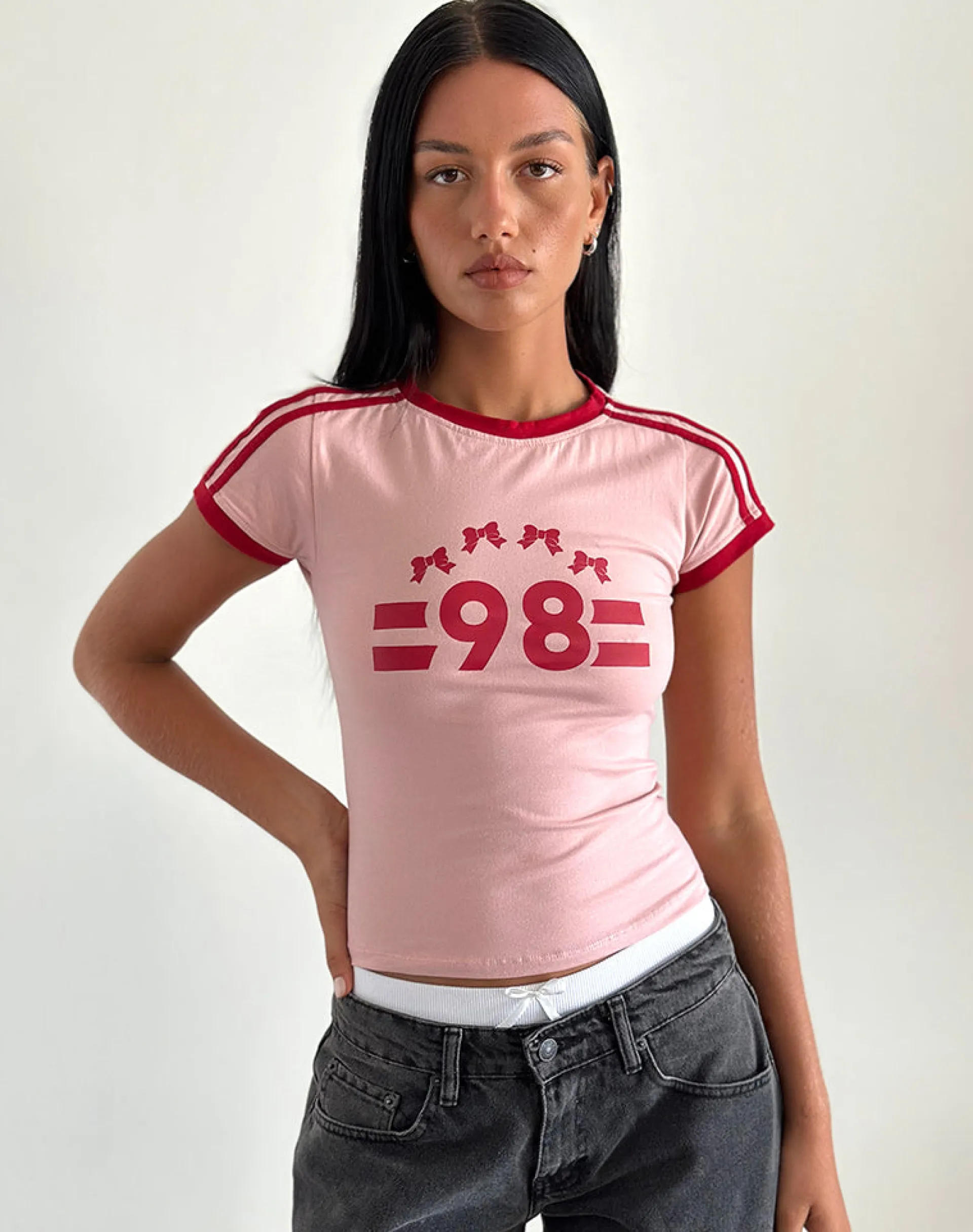Motel Rocks Tees-Salda Tee in Pink Lady with Adrenaline Red Binding and '98' Emb PinkLadywithAdrenalineRedBindingand'98'Emb
