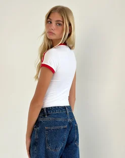 Motel Rocks Basic Tops | Printed Tops-Salda Tee in White with She's a Keeper and Tango Red Binding She'saKeeperandTangoRedBinding