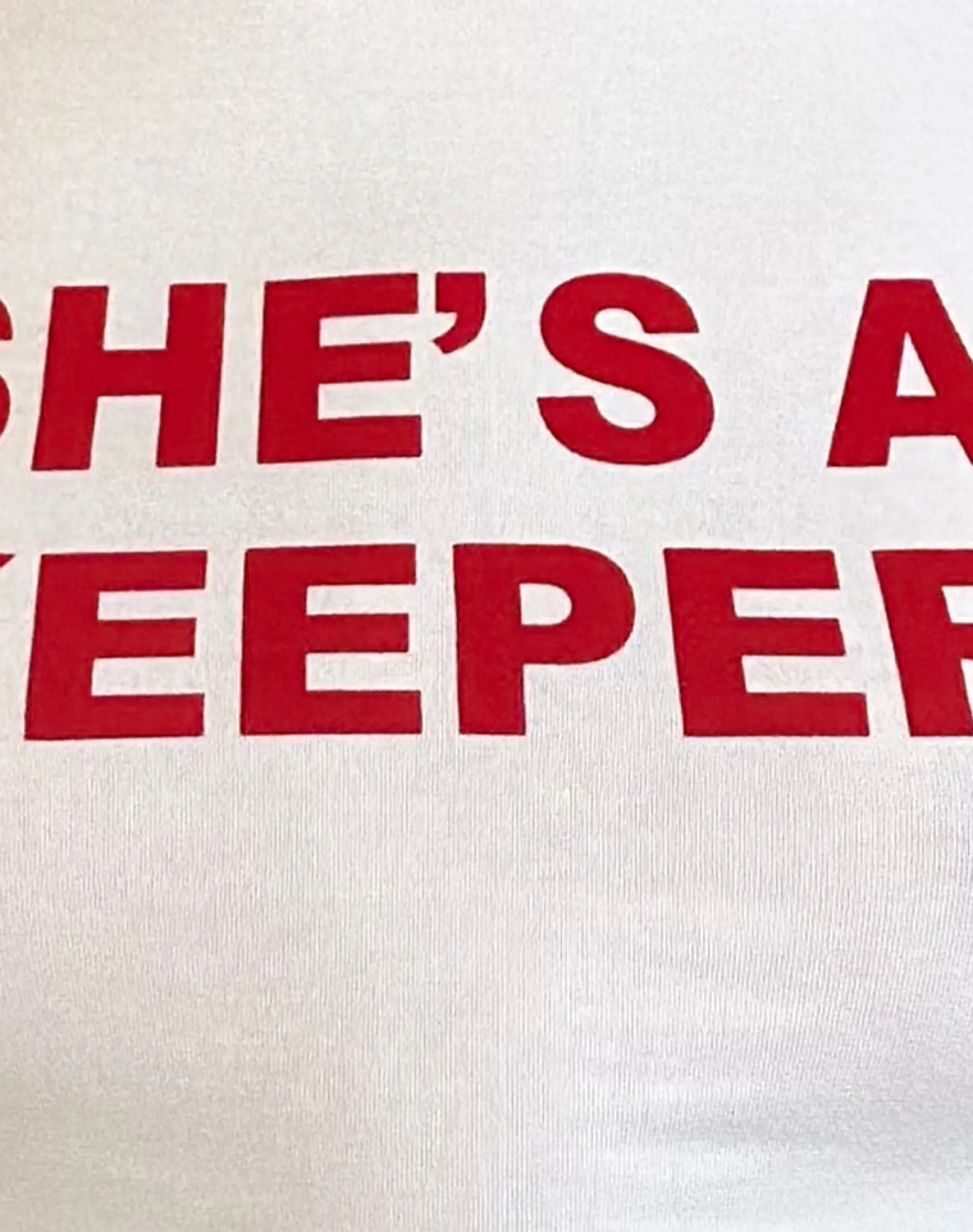 Motel Rocks Basic Tops | Printed Tops-Salda Tee in White with She's a Keeper and Tango Red Binding She'saKeeperandTangoRedBinding