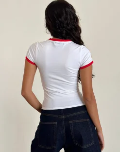 Motel Rocks Basic Tops | Printed Tops-Salda Tee in White with Tango Red Binding WhitewithTangoRedBinding