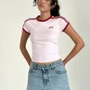 Motel Rocks Basic Tops | Tees-Salda Top in Light Pink with Adrenaline Red Binding and Bow Embroidery LightPinkwithAdrenalineRedBindingandBowEmbroidery
