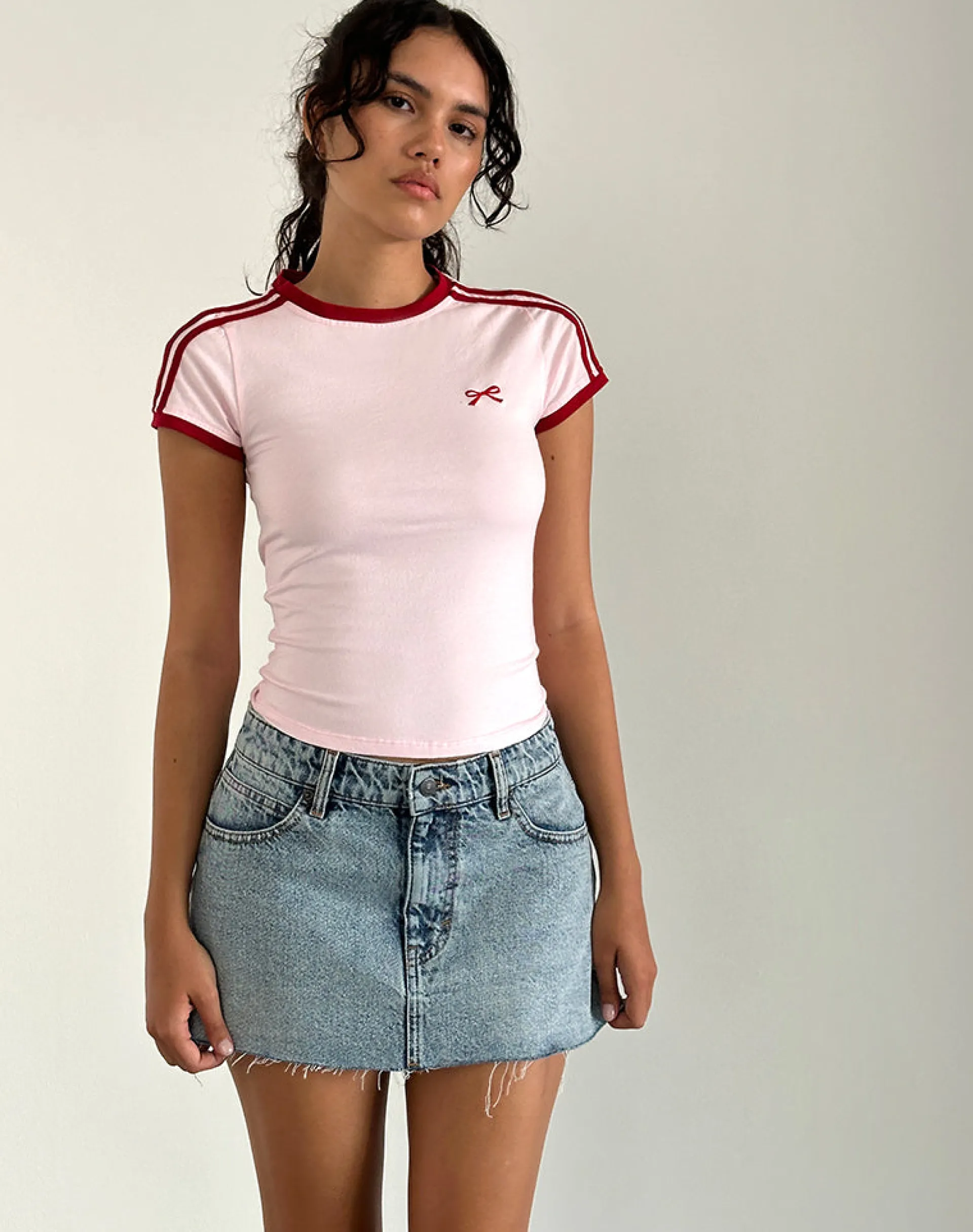 Motel Rocks Basic Tops | Tees-Salda Top in Light Pink with Adrenaline Red Binding and Bow Embroidery LightPinkwithAdrenalineRedBindingandBowEmbroidery