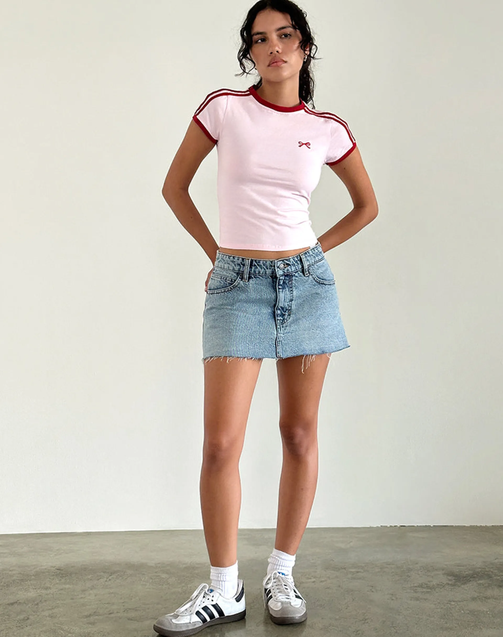 Motel Rocks Basic Tops | Tees-Salda Top in Light Pink with Adrenaline Red Binding and Bow Embroidery LightPinkwithAdrenalineRedBindingandBowEmbroidery