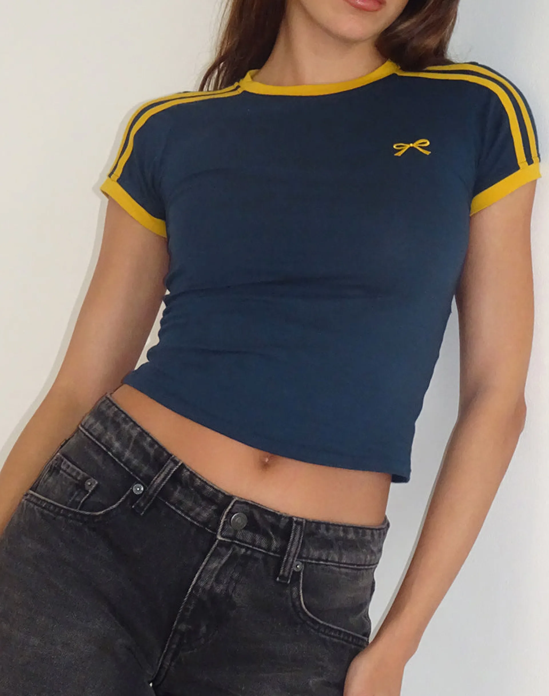 Motel Rocks Basics | Basic Tops-Salda Top in Navy with Mustard Binding and Bow Embroidery NavywithMustardBindingandBowEmbroidery