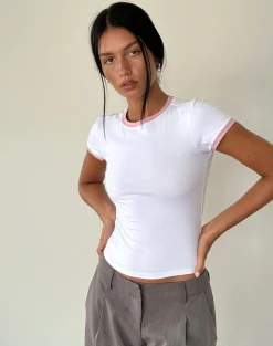 Motel Rocks Tees-Salida Top in White with Flamingo Pink Binding