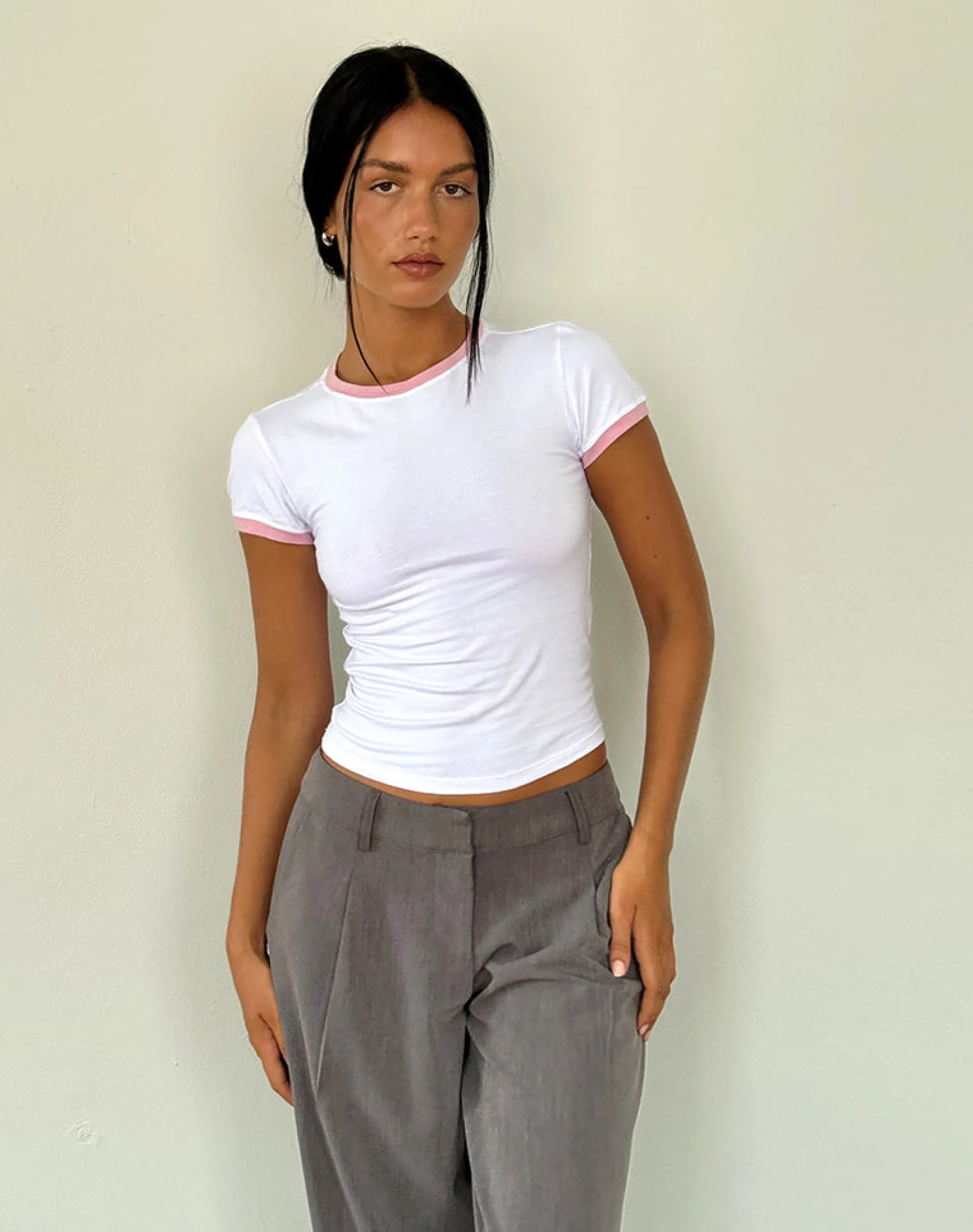 Motel Rocks Tees-Salida Top in White with Flamingo Pink Binding