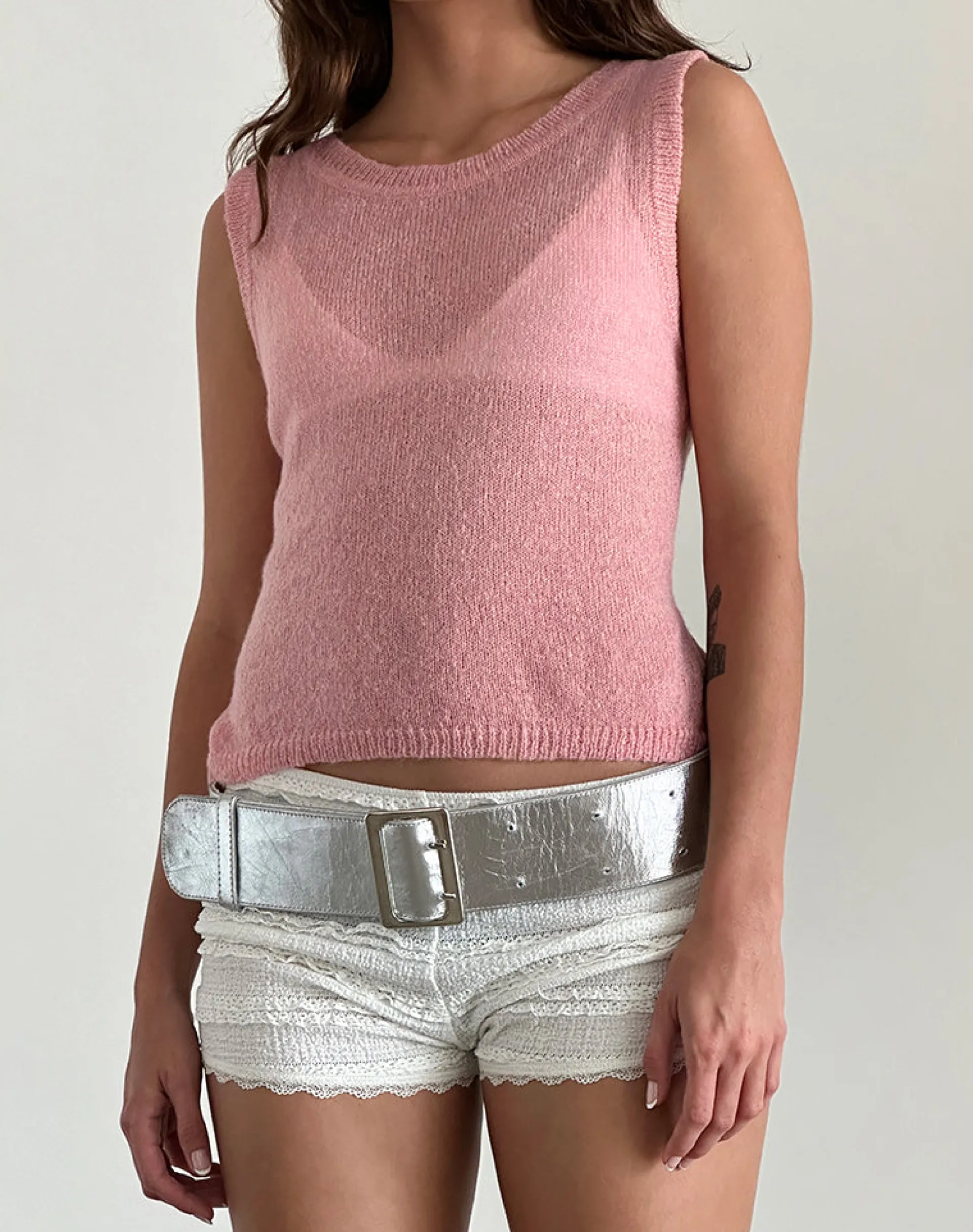 Motel Rocks Vest Tops-Salisha Tank Top in Pink Sheer Knit PinkSheerKnit
