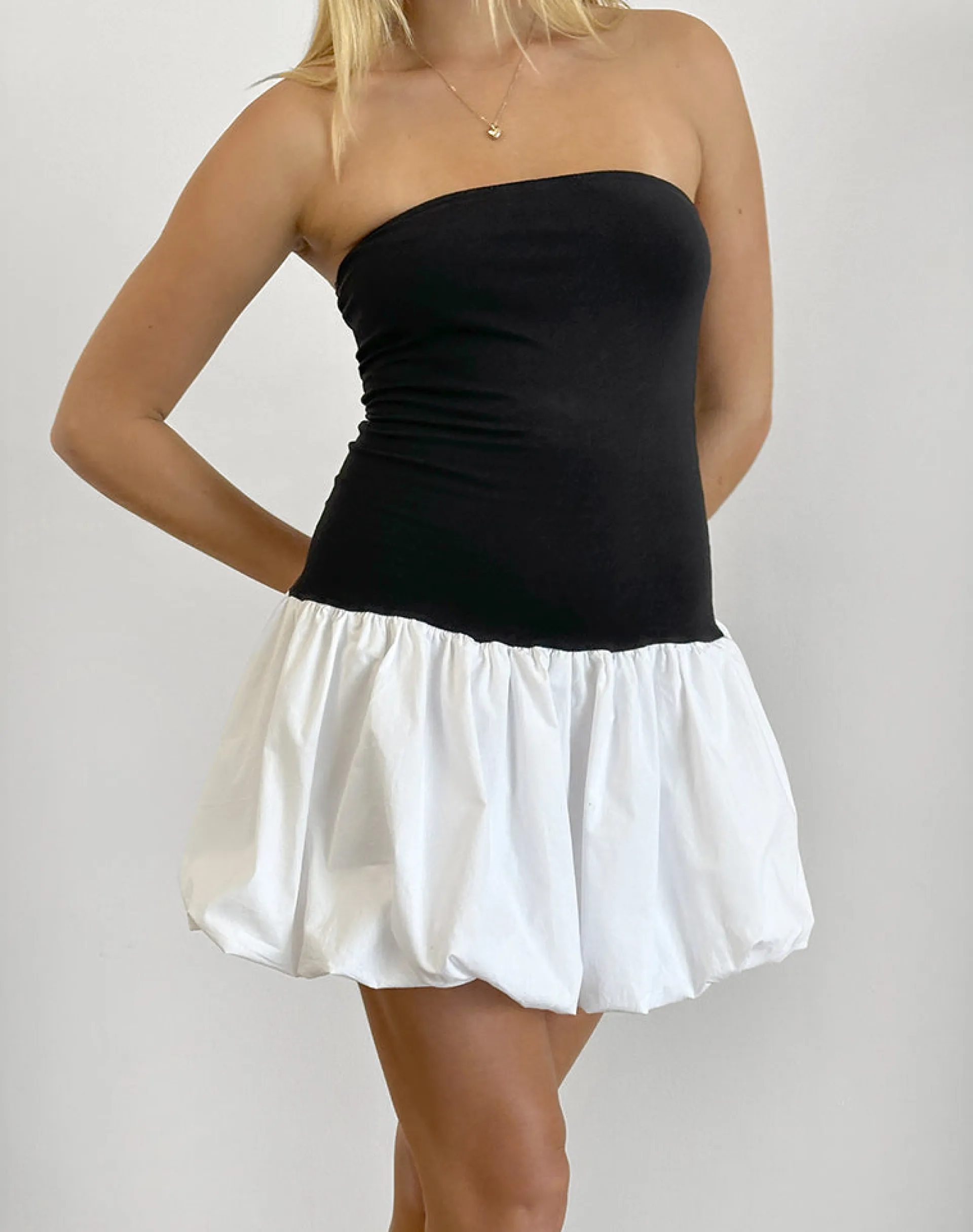Motel Rocks Bandeau Dresses | Party Dresses-Salvia Puffball Mini Dress in Black and White