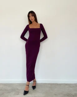 Motel Rocks Basics | Bodycon Dresses-SAMAIRA DRESS RIB AUBERGINE