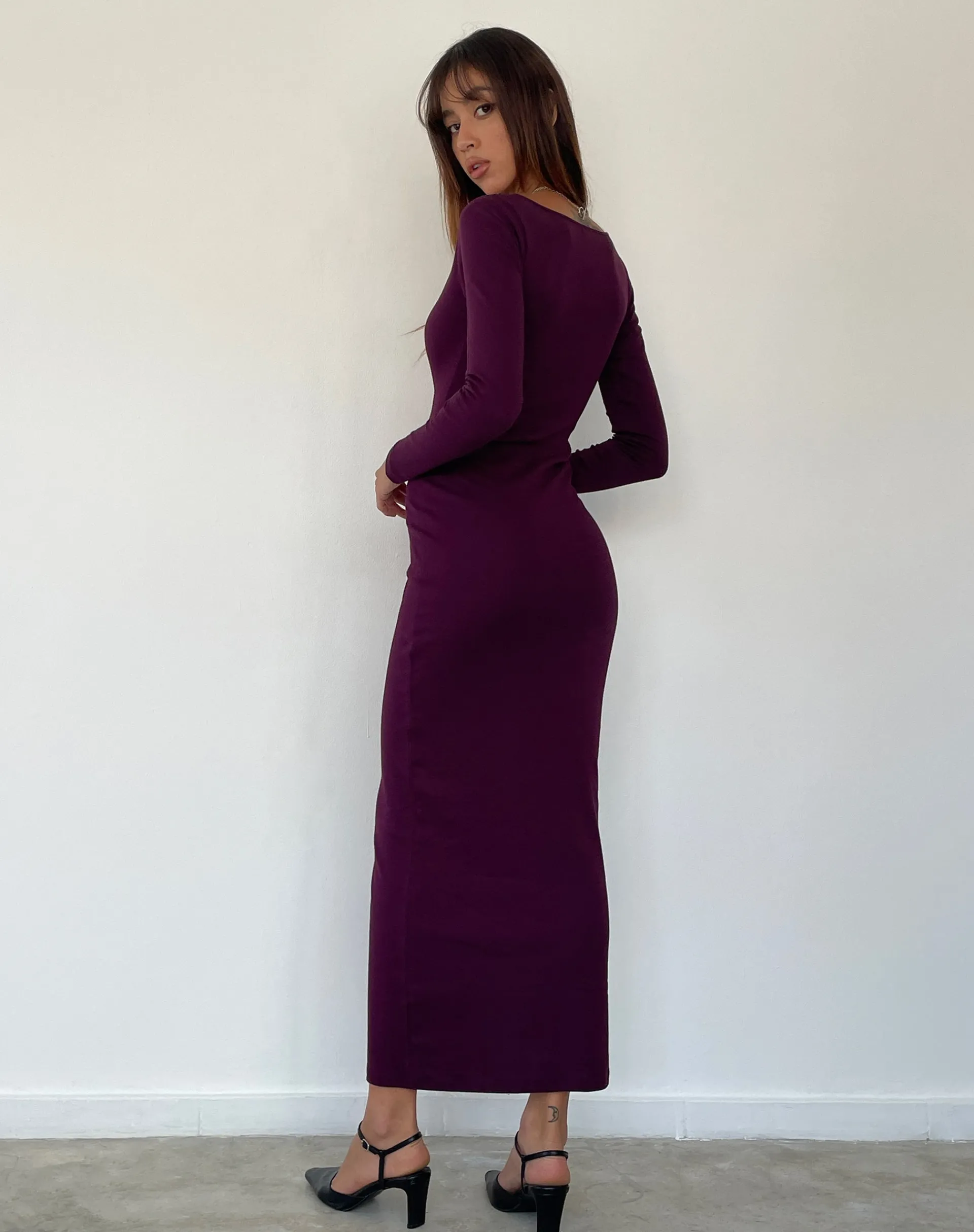 Motel Rocks Basics | Bodycon Dresses-SAMAIRA DRESS RIB AUBERGINE