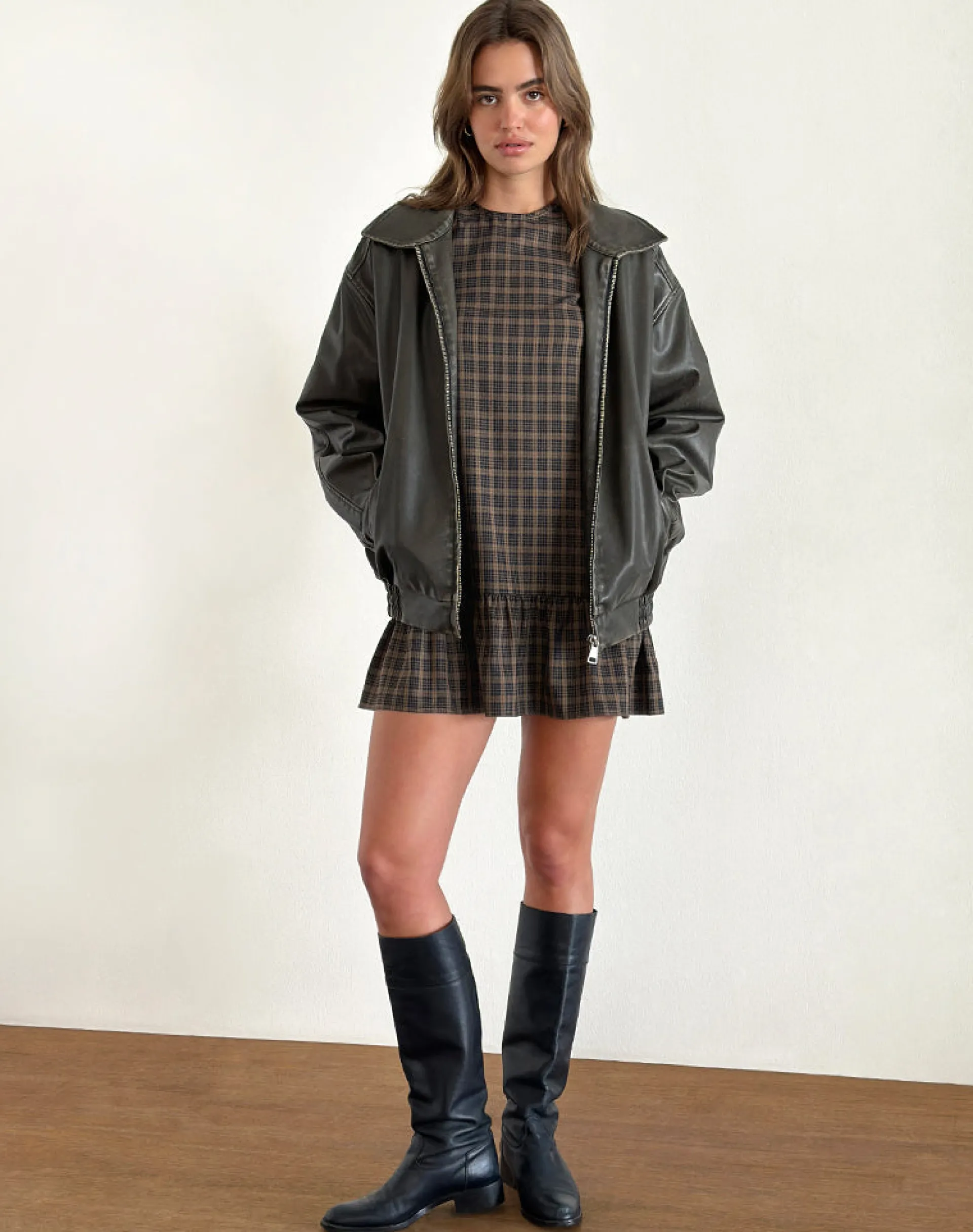 Motel Rocks Tailoring | Printed Dresses-Samana Babydoll Mini Dress in Check Dark Brown