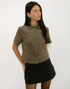 Motel Rocks Shirts And Blouses-Samas Shirt in Cord Taupe CordTaupe