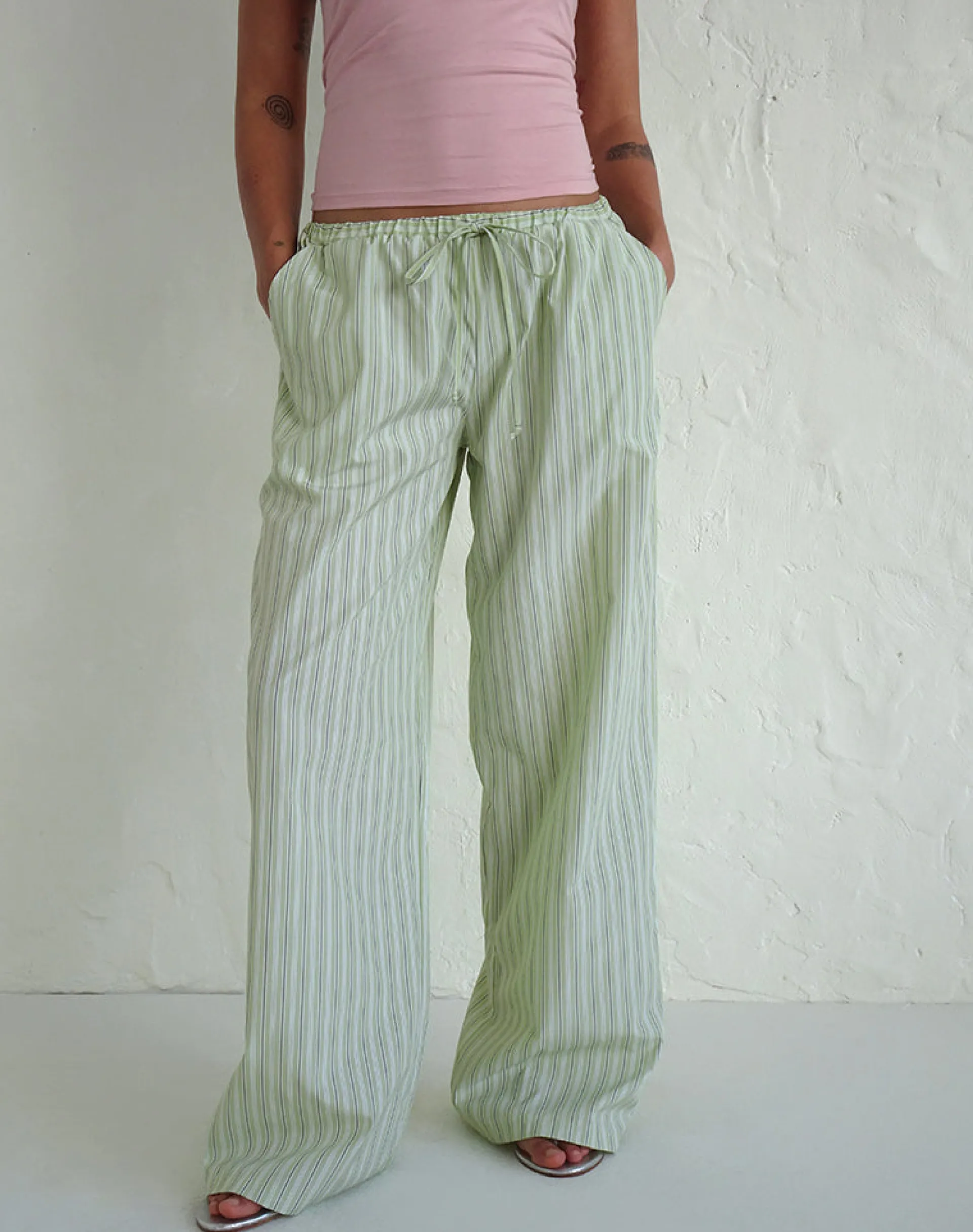 Motel Rocks Low Rise Pants-Samir Trouser in Light Green Stripe LightGreenStripe