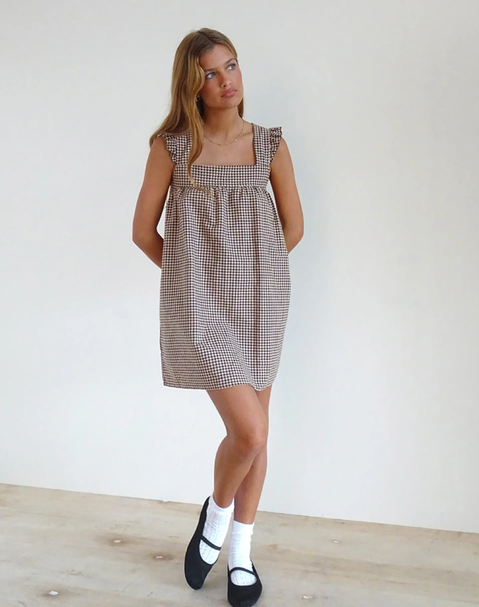 Motel Rocks Day Dresses | Printed Dresses-Sanaly Mini Dress in Mini Gingham Brown miniginghambrown