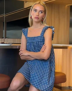 Motel Rocks Printed Dresses | Day Dresses-Sanaly Mini Dress in Navy Tartan Rami NavyTartanRami