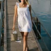 Motel Rocks Party Dresses | Mini Dresses-Sanaly Mini Dress in White with Navy Babylock WhitewithNavyBabylock