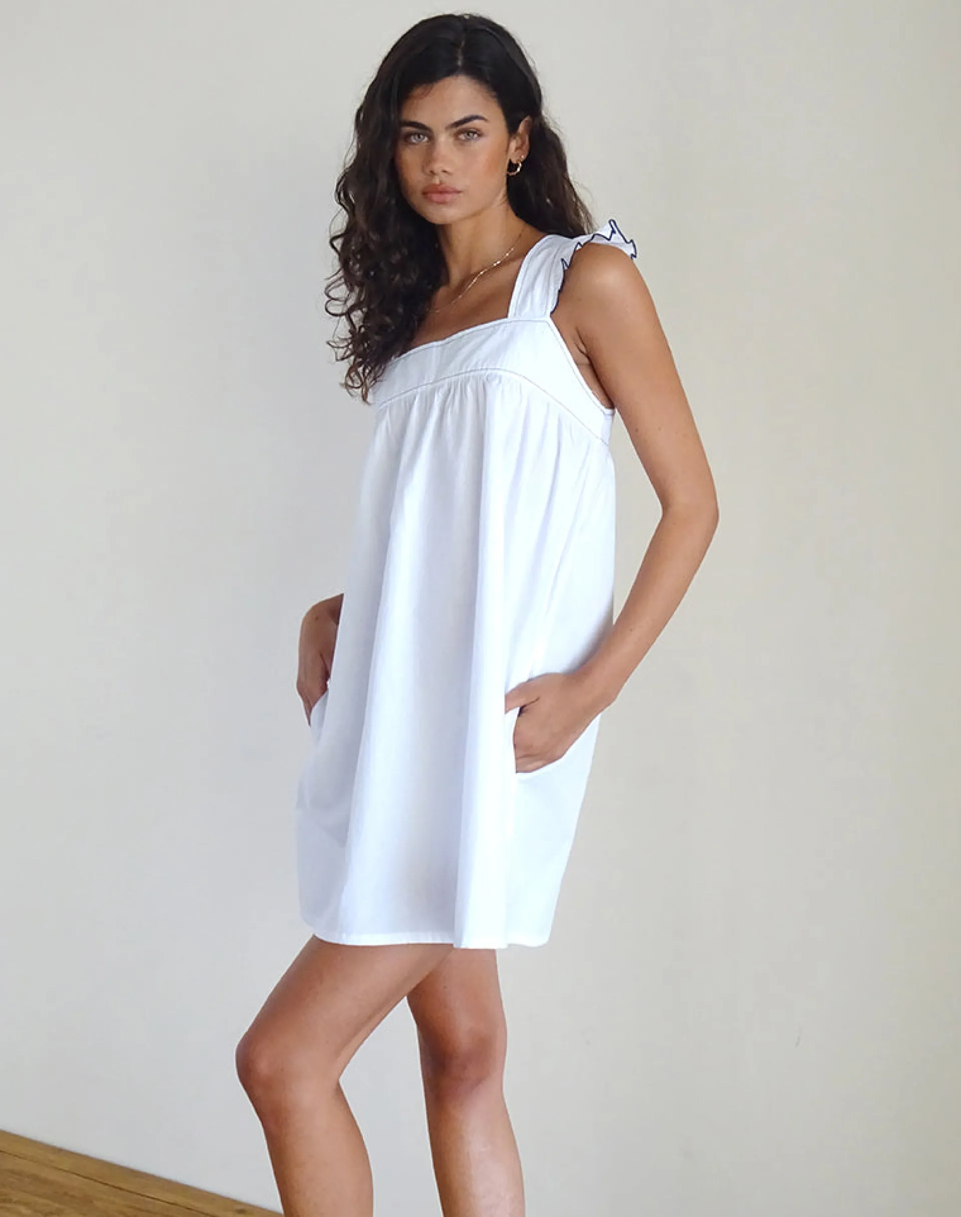 Motel Rocks Party Dresses | Mini Dresses-Sanaly Mini Dress in White with Navy Babylock WhitewithNavyBabylock