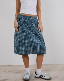 Motel Rocks A Line Skirts | Midi Skirts-Sanjina Midi Skirt in Mini Dark Blue Gingham