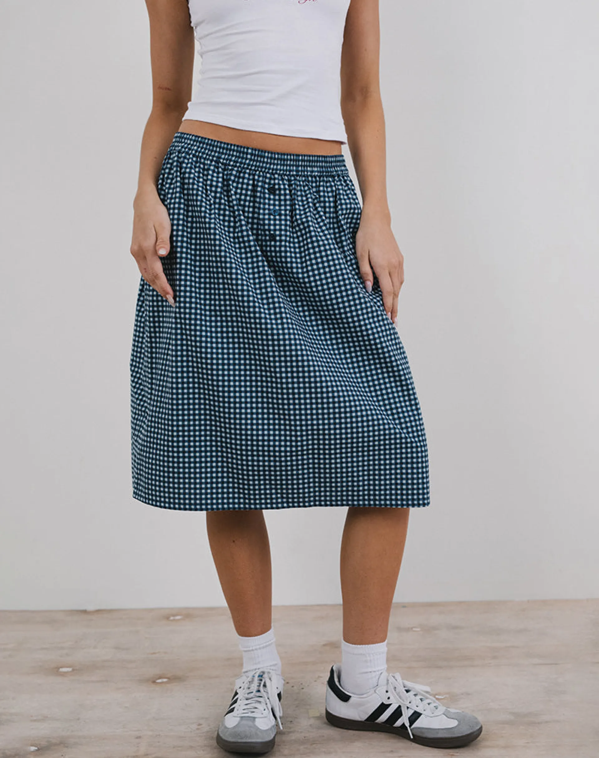 Motel Rocks A Line Skirts | Midi Skirts-Sanjina Midi Skirt in Mini Dark Blue Gingham