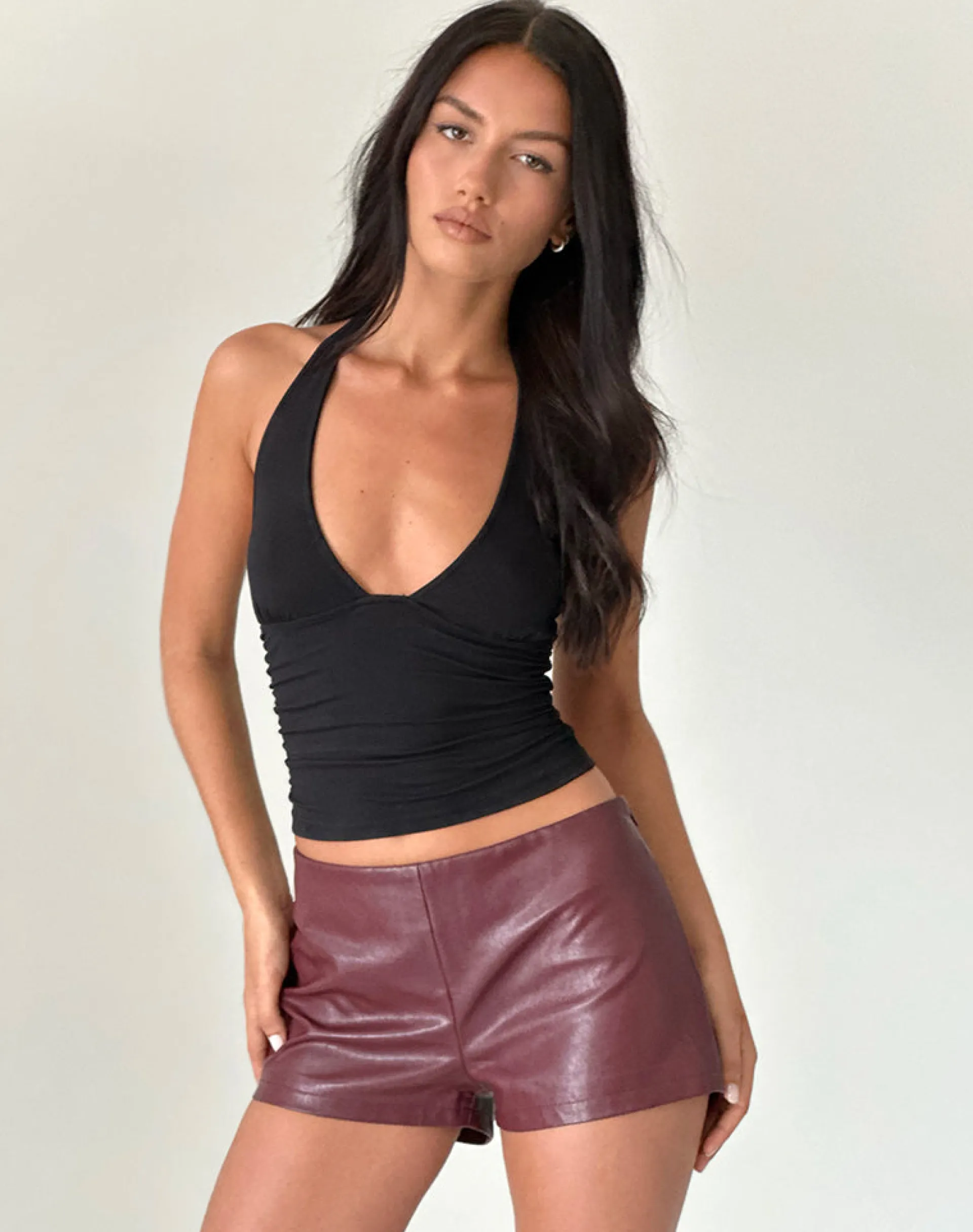 Motel Rocks Co-Ords-Sanne Hot Pants in PU Burgundy