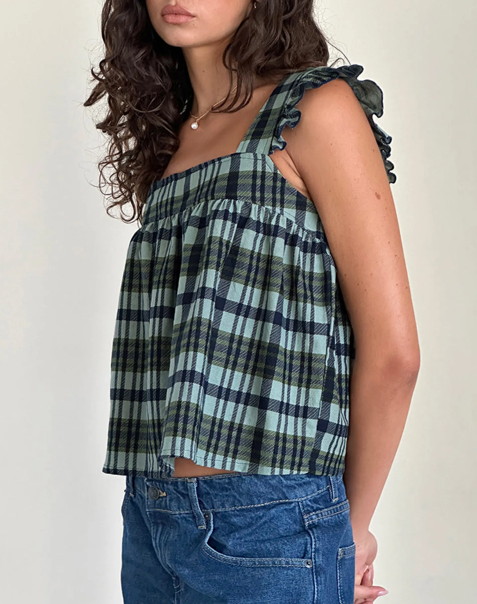 Motel Rocks Strappy Tops-Sanula Top in Linen Mono Check Green