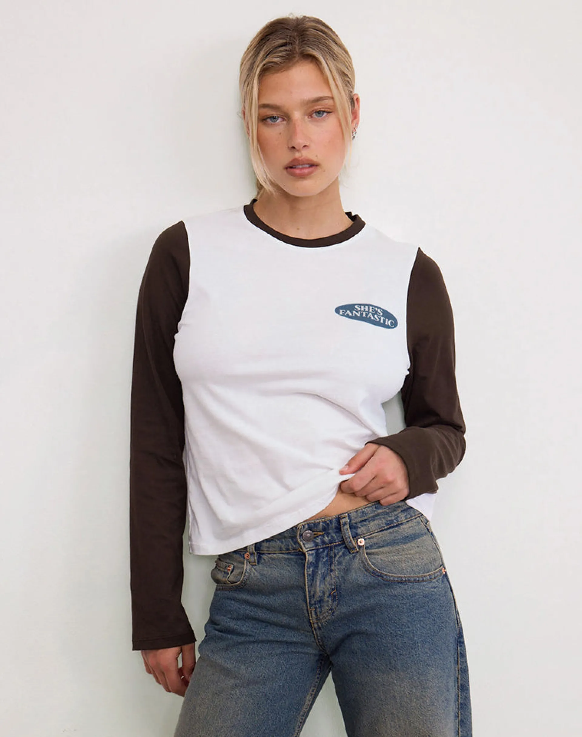 Motel Rocks Long Sleeve Tops-Sari Top in White and Chocolate Brown with She's Fantastic Motif