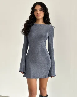 Motel Rocks Basics | Long Sleeve Dresses-Sarweni Long Sleeve Mini Dress in Midnight Shimmer