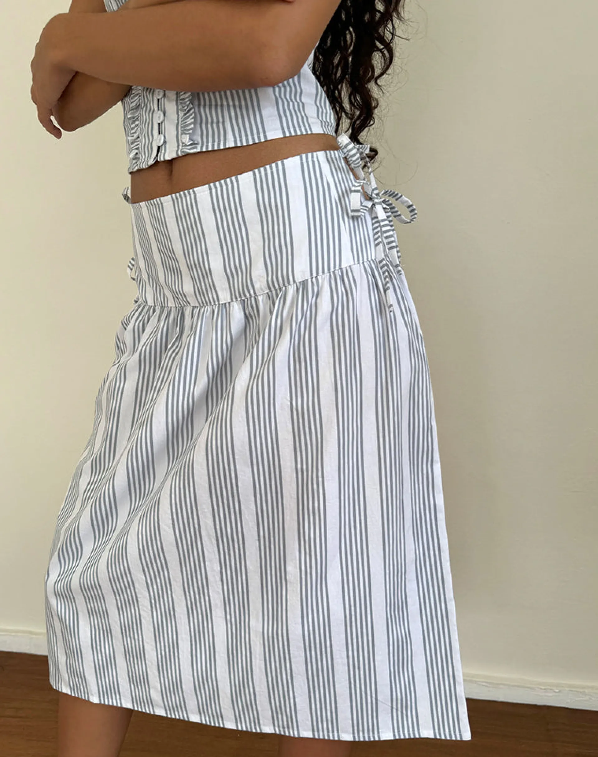 Motel Rocks Co-Ords | A Line Skirts-Sasay Midi Skirt in Vertical Grey Stripe VerticalGreyStripe