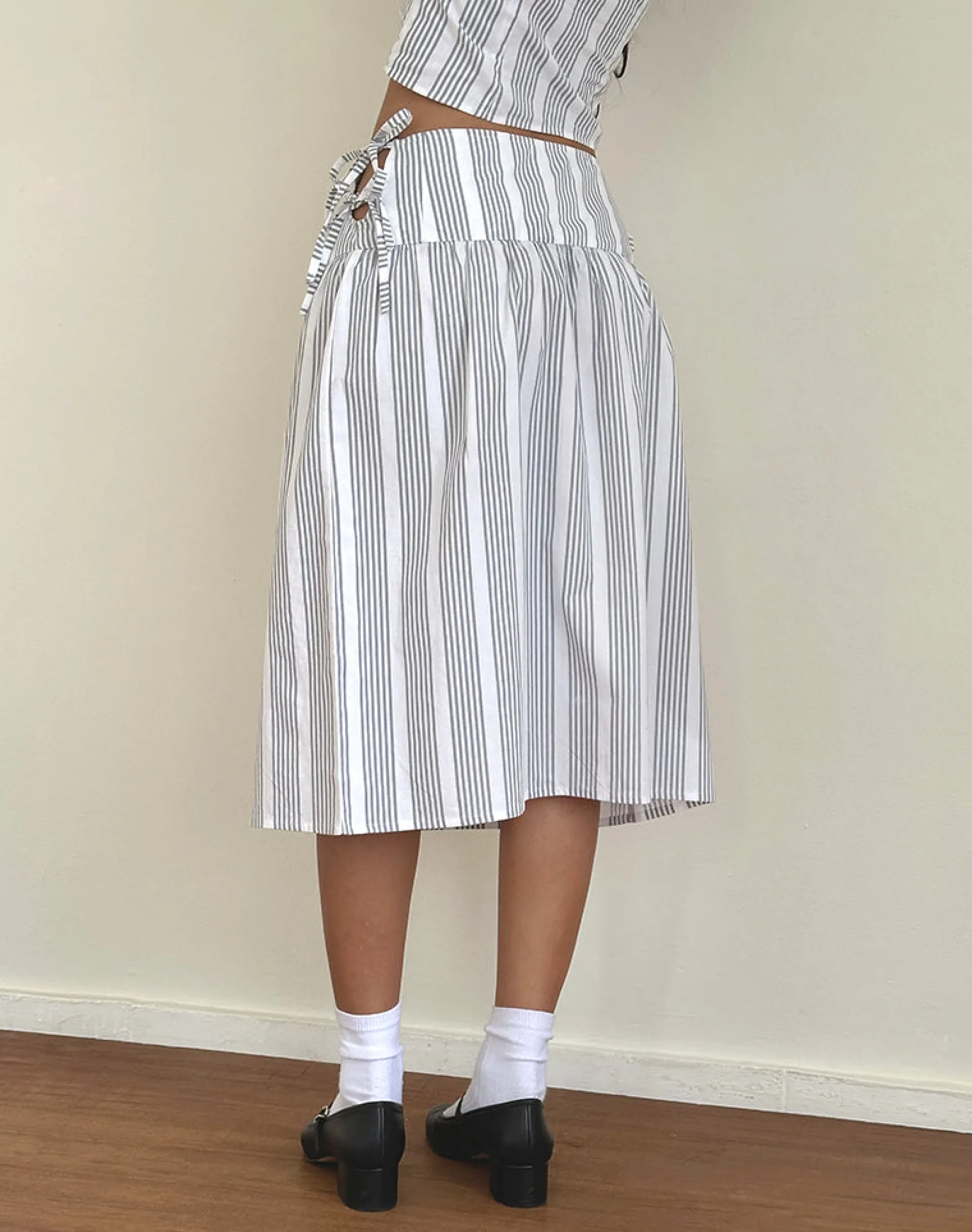 Motel Rocks Co-Ords | A Line Skirts-Sasay Midi Skirt in Vertical Grey Stripe VerticalGreyStripe
