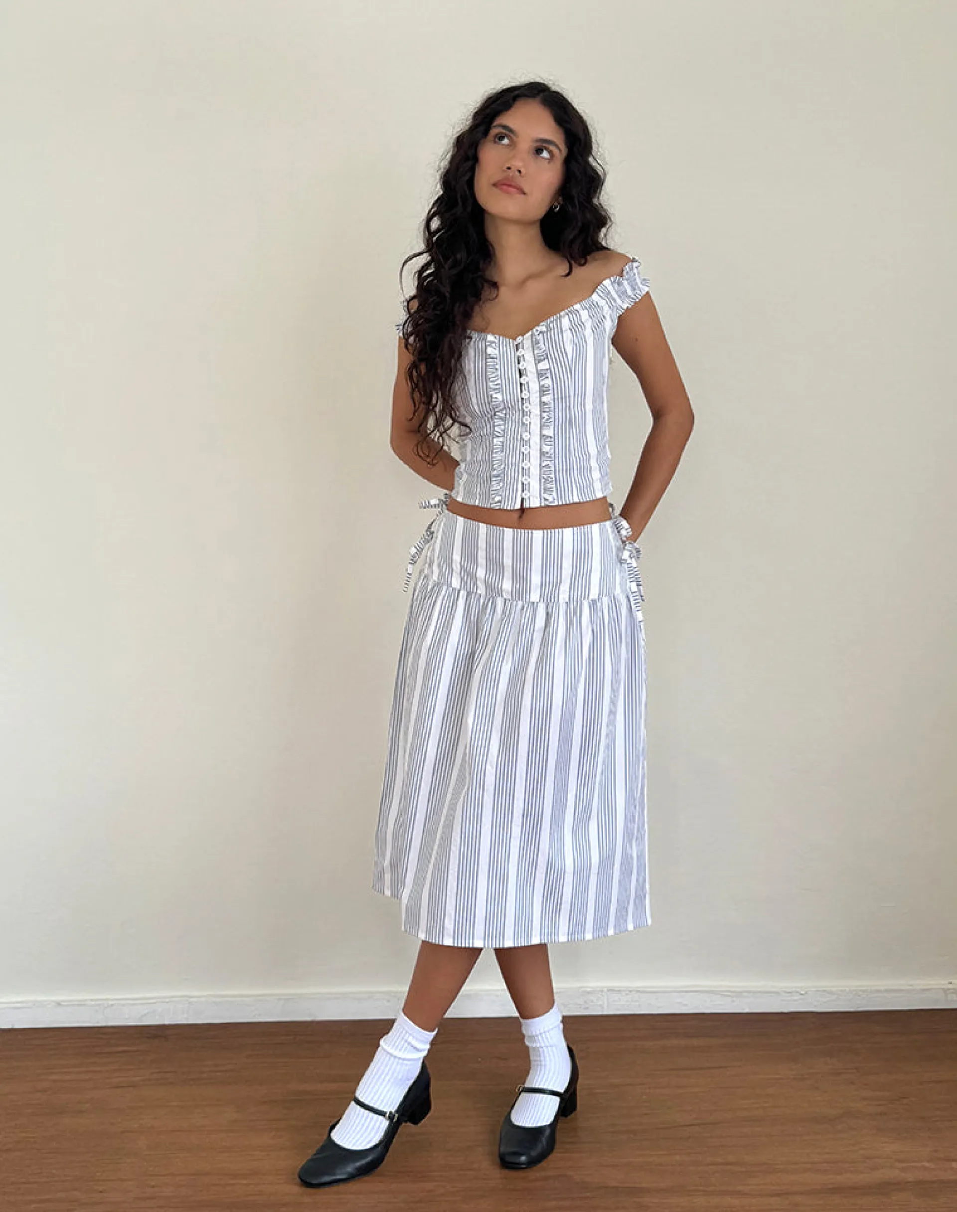 Motel Rocks Co-Ords | A Line Skirts-Sasay Midi Skirt in Vertical Grey Stripe VerticalGreyStripe