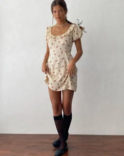 Motel Rocks Printed Dresses-Sasyana Mini Dress in Flower Chain Cream flowerchaincream