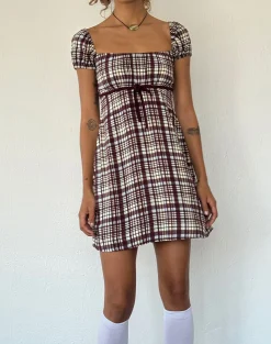 Motel Rocks Printed Dresses | Day Dresses-Savio Mini Dress in Multi Check Brown MultiCheckBrown