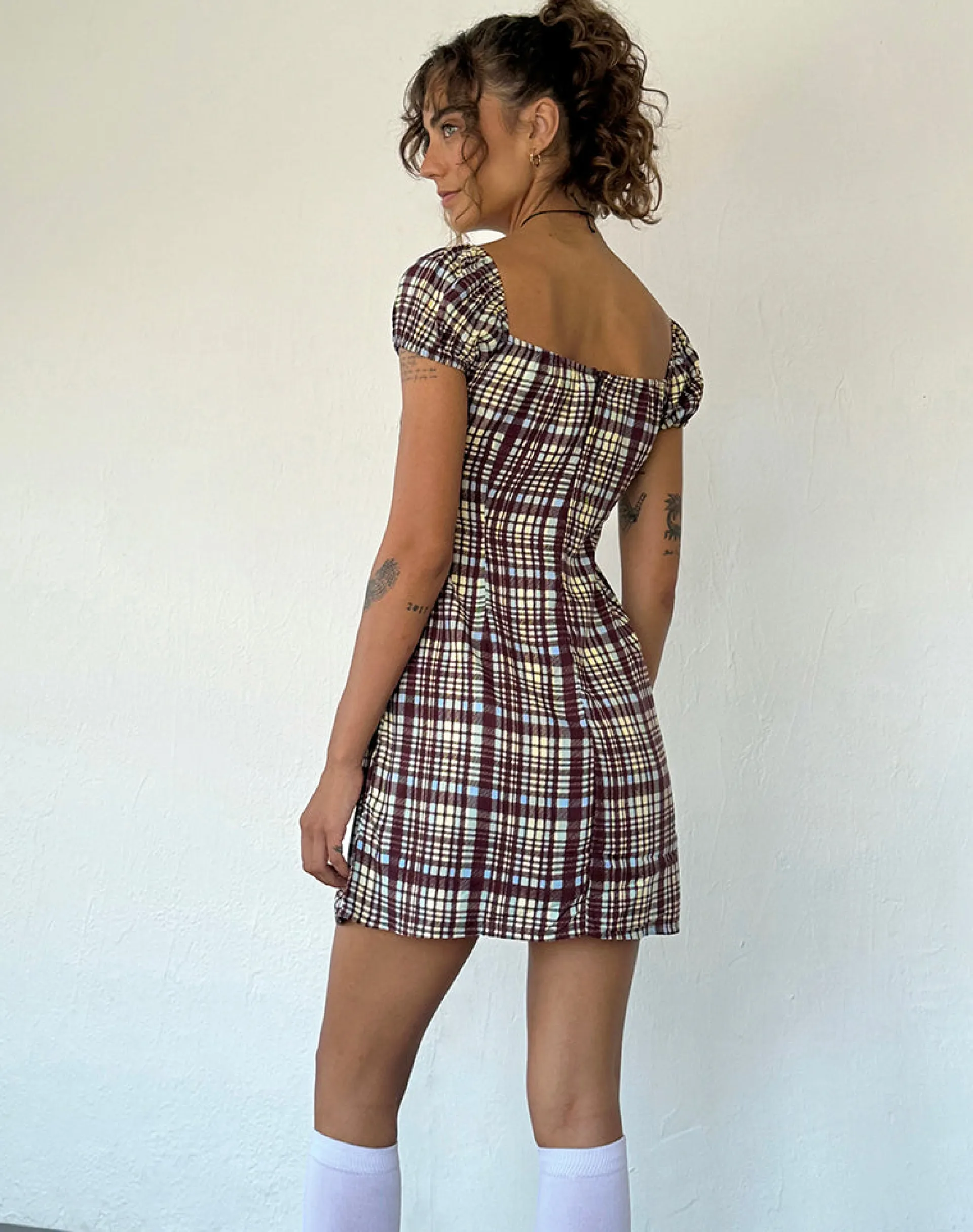 Motel Rocks Printed Dresses | Day Dresses-Savio Mini Dress in Multi Check Brown MultiCheckBrown