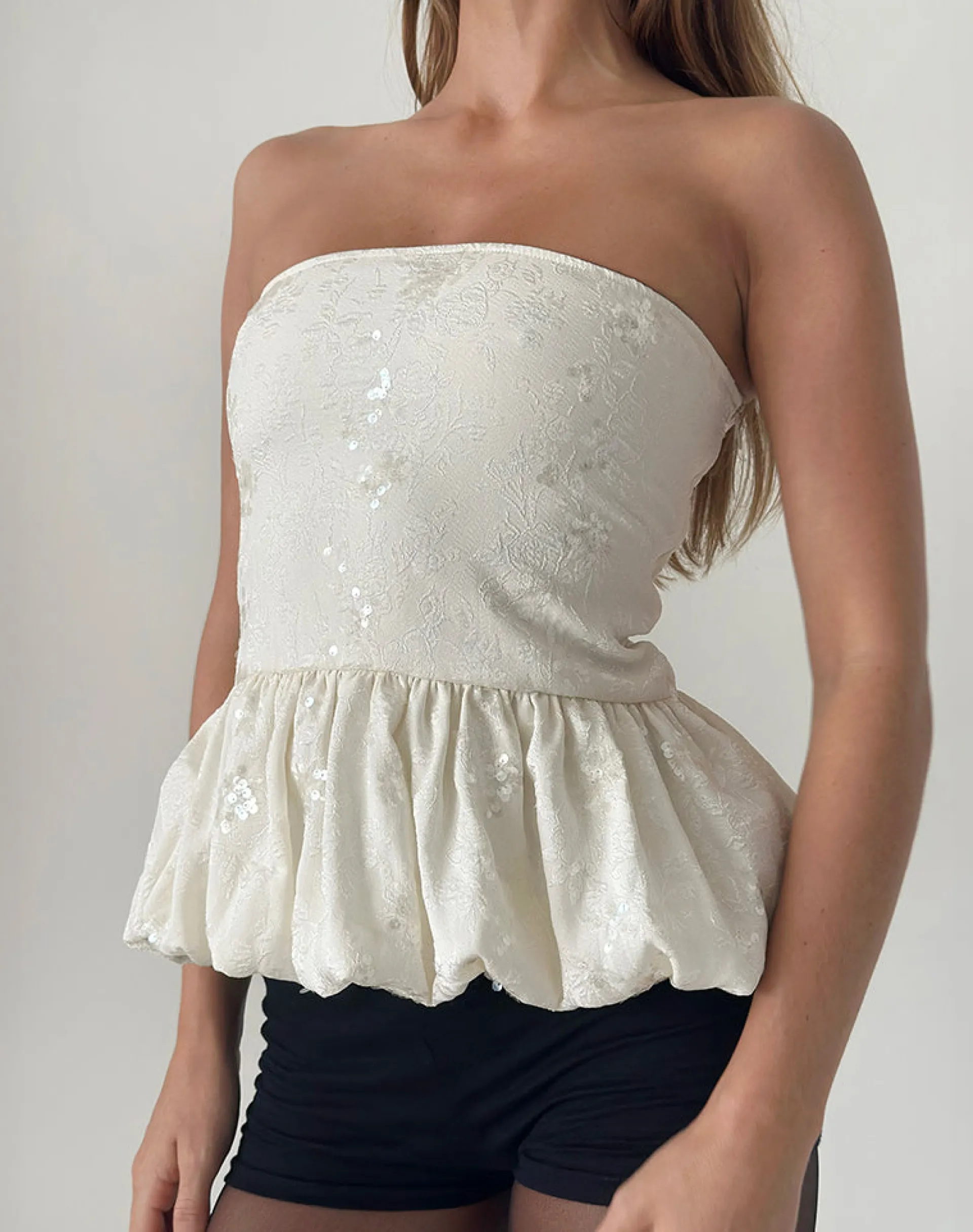 Motel Rocks Bandeau Tops | Sequin Tops-Saya Top in Sequin Jacquard Ivory